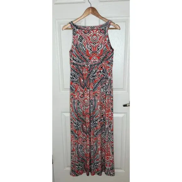 Ann Taylor Orange Navy Keyhole Paisley Sleeveless Maxi Dress Small Petite SP - Picture 6 of 6